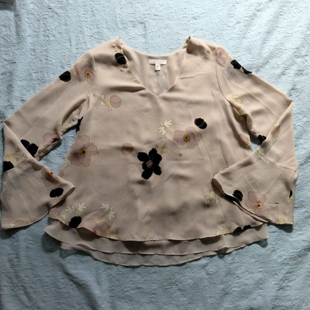 LC Lauren Conrad Floral Long Bell Sleeve V Neck Blouse Peach Women's Size M